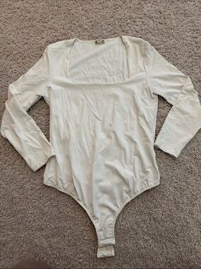 Free People White Long Sleeve Square Neck Bodysuit